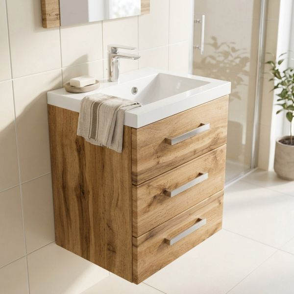 Badmöbel GENUA 50 cm XL, Eiche Natur, 3 Schubladen mit Waschbecken