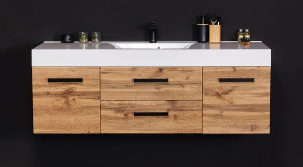 Badmöbel Zeno-Loft, Breite 140 cm, Eiche Natur, Griffe schwarz, Waschtischunterschrank montiert ZE1462ELOFT