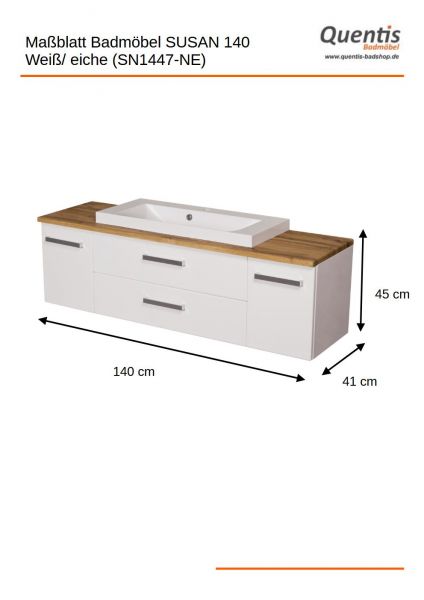 Badmöbel SUSAN Breite 140 cm, weiß/ eiche, Waschtischunterschrank montiert