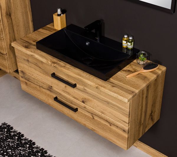 Badmöbel FOKUS-LOFT 100, Eiche Natur, Waschbecken schwarz matt, Waschtischunterbau montiert