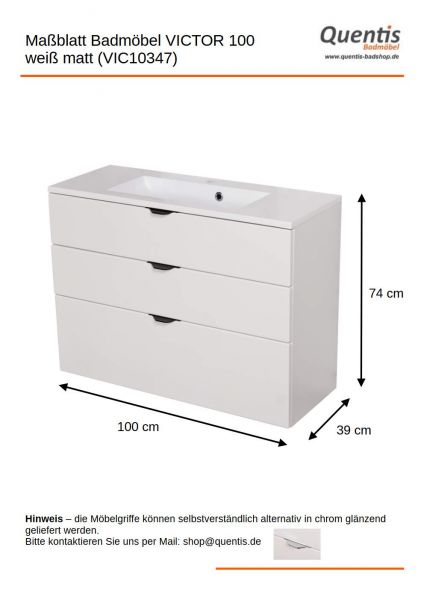 Badmöbel VICTOR 100 cm, Waschtischunterbau mit 3 Schubladen, seidenmatt weiß