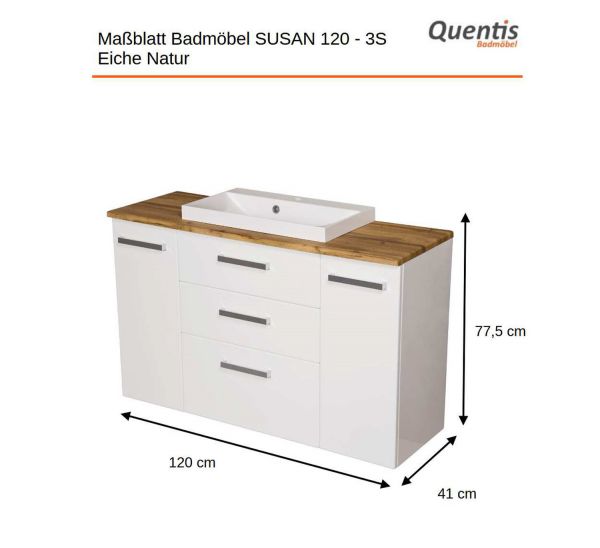 Badmöbel SUSAN 120-XL, 3 Schubladen, weiß/ Eiche Natur, Waschbeckenunterschrank montiert