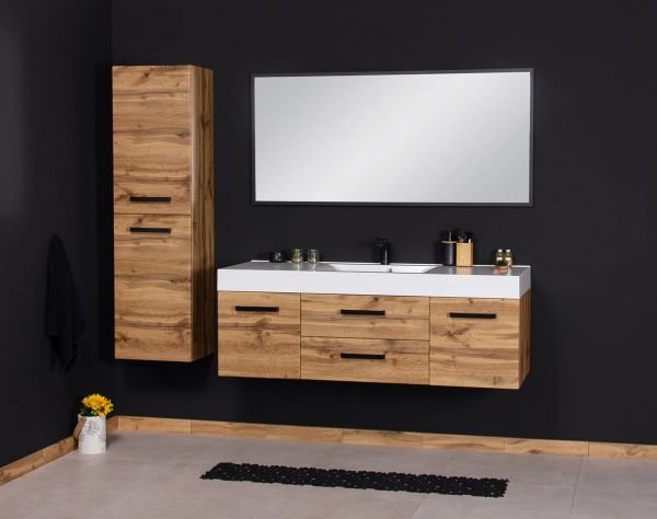 Badmöbel Zeno-Loft, Breite 140 cm, Eiche Natur, Griffe schwarz, Waschtischunterschrank montiert ZE1462ELOFT