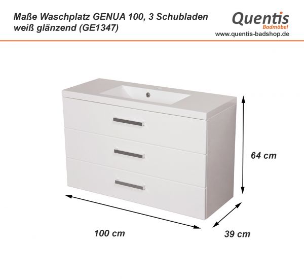 Badmöbel GENUA 100 cm, Waschtischunterbau mit 3 Schubladen, weiß, montiert