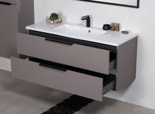 Badmöbel SYDNEY 120 cm, Taupe matt, Waschtisch und Unterschrank (montiert) mit Lamellenstruktur-Copy