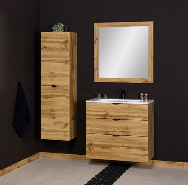 Waschplatz VICTOR 80, Waschtischunterbau mit 3 Schubladen inkl. Waschbecken, Eiche Natur