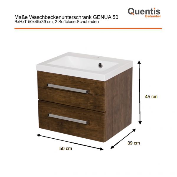 Badmöbel GENUA 50 cm, Holzdekor Antik, 2 Softclose-Schubladen, mit Waschbecken
