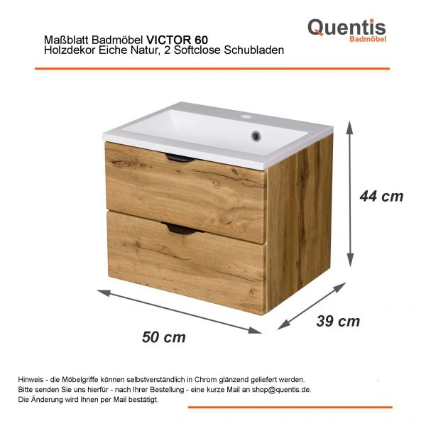 Badmöbel VICTOR 60 cm, Eiche Natur, Waschbecken mit Unterschrank, 2 Schubladen, vormontiert