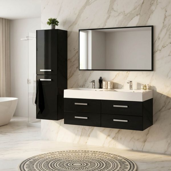 ARUVA Doppelwaschtisch mit Unterschrank, Breite 120 cm, Schwarz Hochglanz