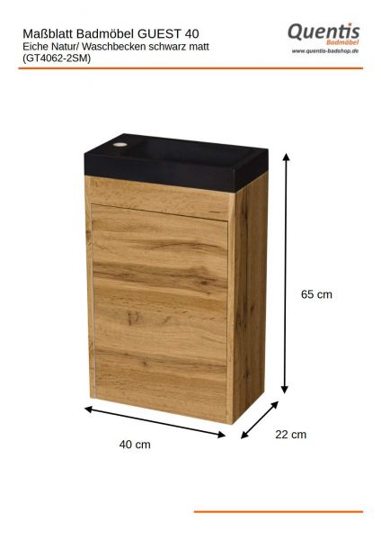 Gäste-WC Möbel GUEST 40 cm, eiche, Waschbecken schwarz matt, montiert
