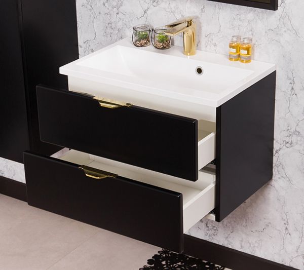 Badmöbel VICTOR 60 cm, seidenmatt schwarz, Waschtischunterbau mit 2 Schubladen (montiert)