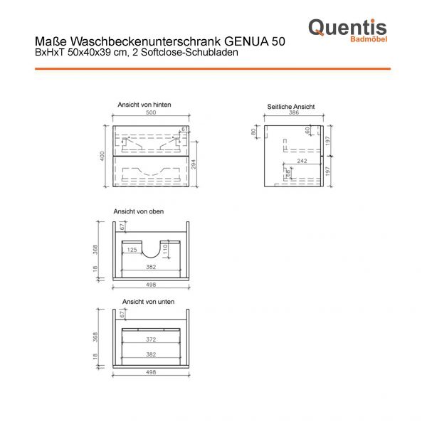 Badmöbel GENUA 50 cm, schwarz glänzend, Waschtischunterschrank montiert, inkl. Waschbecken
