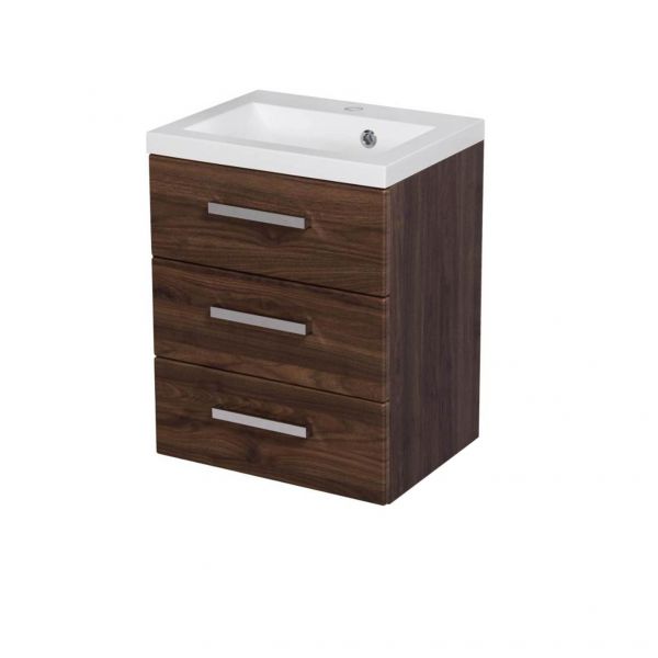 Badmöbel GENUA 50 cm XL, Nussbaum, 3 Softclose-Schubladen, mit Waschbecken
