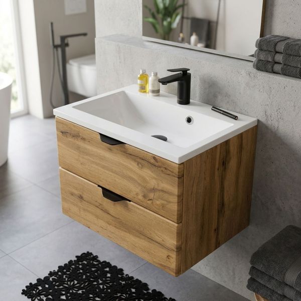 Badmöbel VICTOR 60, Eiche Natur, Waschtischunterbau mit 2 Softclose-Schubladen, vormontiert