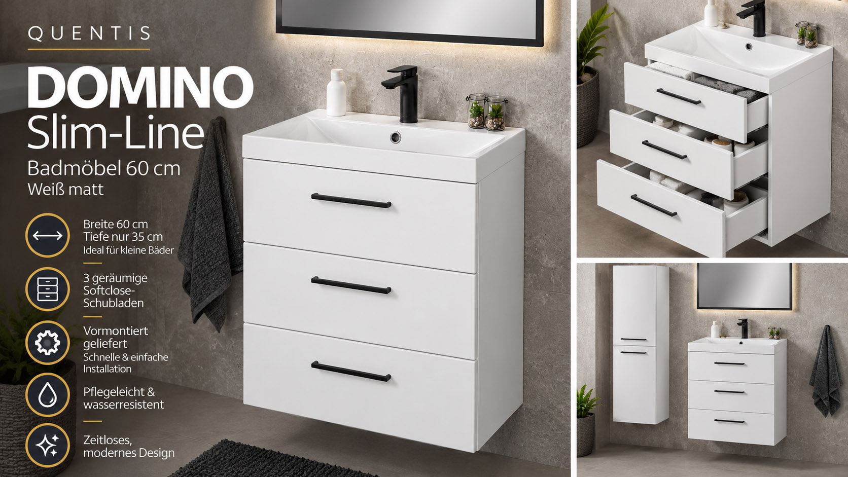 Badmöbel DOMINO SLIM-LINE 60 cm weiß matt mit Dolomitwaschbecken und 3 Softclose-Schubladen