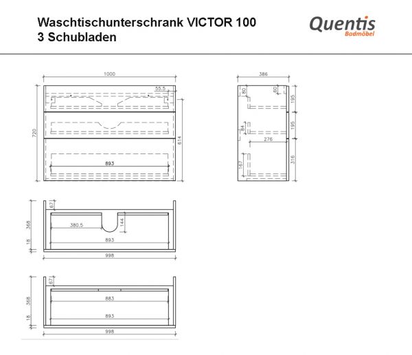 Badmöbel VICTOR 100 cm, weiß matt, Waschtischunterbau mit 3 Schubladen (montiert)