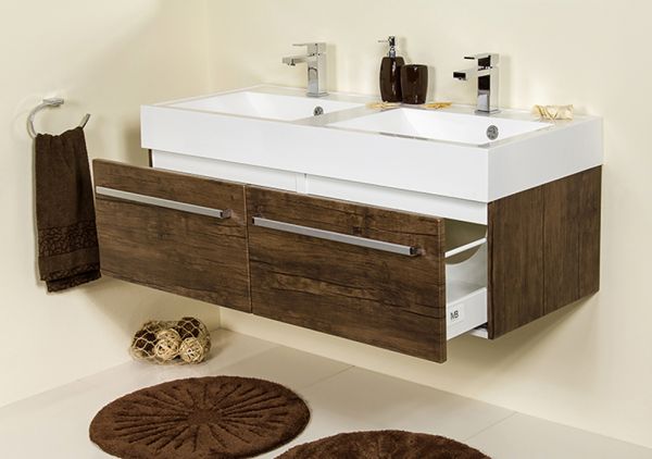 Badmöbel ZENO 120, Holzdekor antik, Doppelwaschtisch mit Unterschrank (montiert)