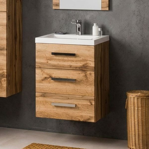 Badmöbel GENUA 50 cm XL, Eiche Natur, 3 Schubladen mit Waschbecken
