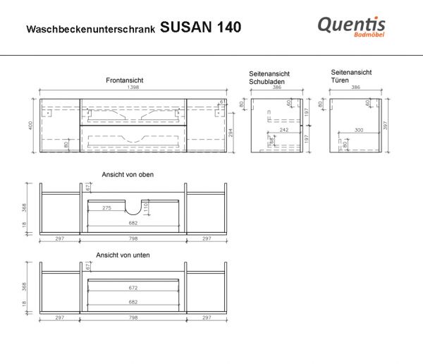 Badmöbel SUSAN Breite 140 cm, Eiche Natur, Waschtischunterschrank montiert