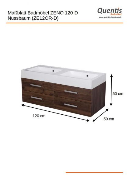 Badmöbelset Doppelwaschplatz ZENO, Breite 120 cm, Nussbaum, montiert