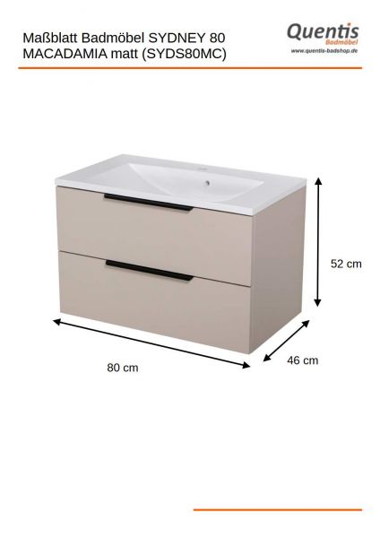 Badmöbel SYDNEY 80 cm, Macadamia matt, Waschtisch und Unterschrank (montiert)