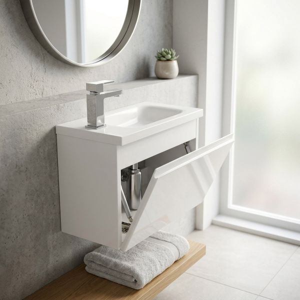 Badmöbel für das Gäste-WC Breite 50 cm, weiß glänzend, Waschbecken mit Unterschrank, vormontiert