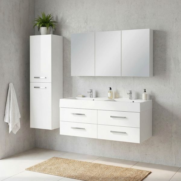 Badmöbel ARUVA 120, Doppelwaschtisch mit Unterschrank, Spiegelschrank und Hochschrank optionales Zubehör