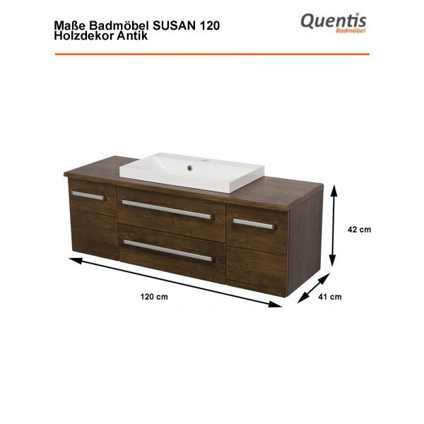 Badmöbel SUSAN 120 cm Holzdekor Antik – Waschbecken mit Unterschrank, vormontiert