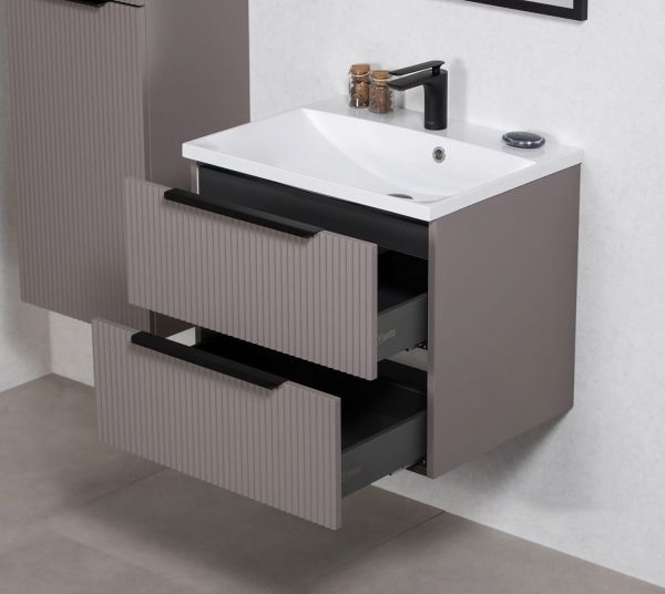 Badmoebel SYDNEY 60 cm taupe matt Waschtisch mit Unterschrank montiert SYDT60
