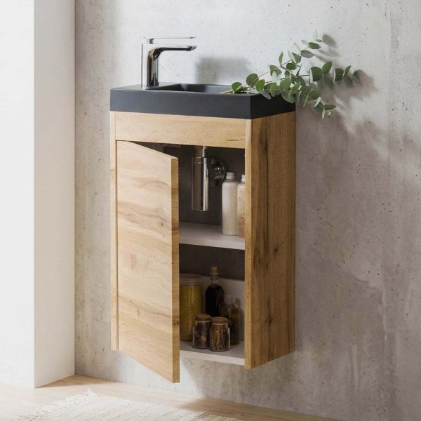 Gäste-WC Möbel GUEST 40 cm, Eiche Natur, Waschbecken schwarz matt, montiert