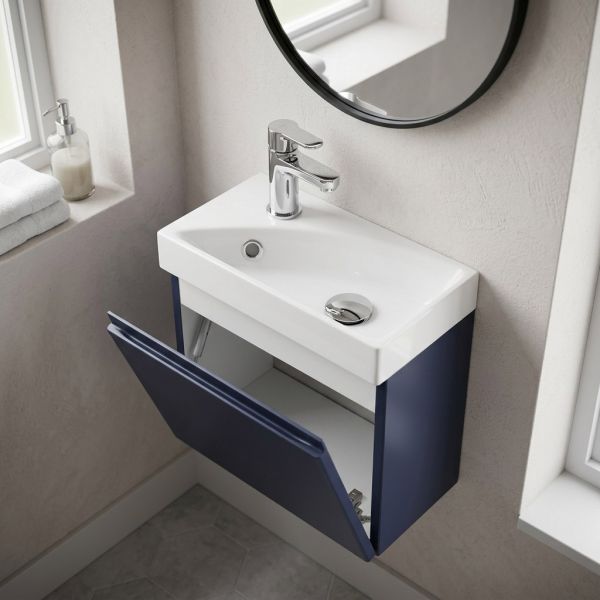 Gäste-WC Badmöbel RENA 40 cm, blau matt, Waschbecken mit Unterschrank, vormontiert