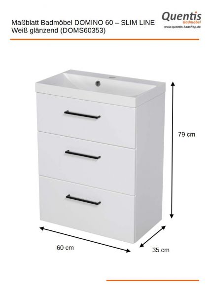 Badmöbel DOMINO SLim-Line 60 cm, weiß matt, Waschtisch und Unterschrank (montiert)