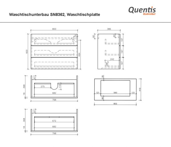 Badmöbel SUSAN-Loft Breite 80 cm, 3 Schubladen, Eiche, Waschtischunterbau montiert