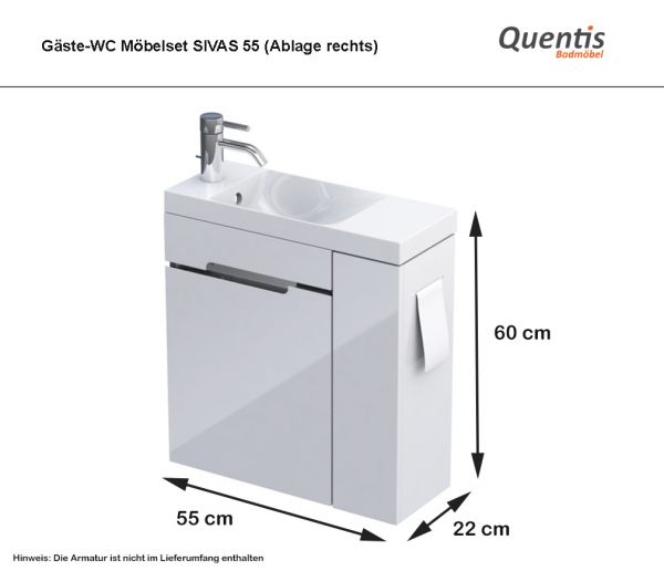 Gäste-WC Möbel Sivas, Breite 55 cm, Ablage rechts
