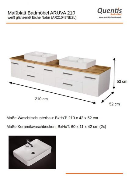 Maßblatt Badmöbel ARUVA Breite 210 cm