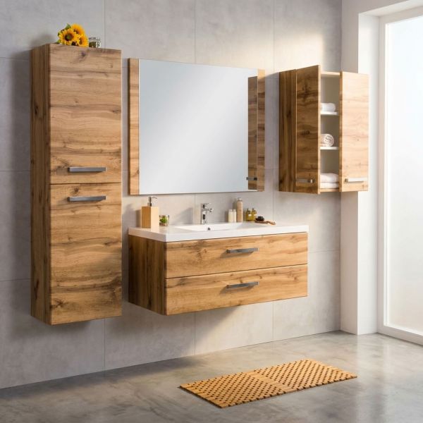 Badmöbel Genua, Breite 100 cm, Holzdekor Eiche Natur, 2 Softclose-Schubladen mit passenden Badschränken