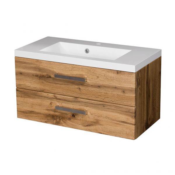 Badmöbel GENUA 80 cm, Eiche Natur, Waschbeckenunterschrank montiert, inkl. Waschbecken