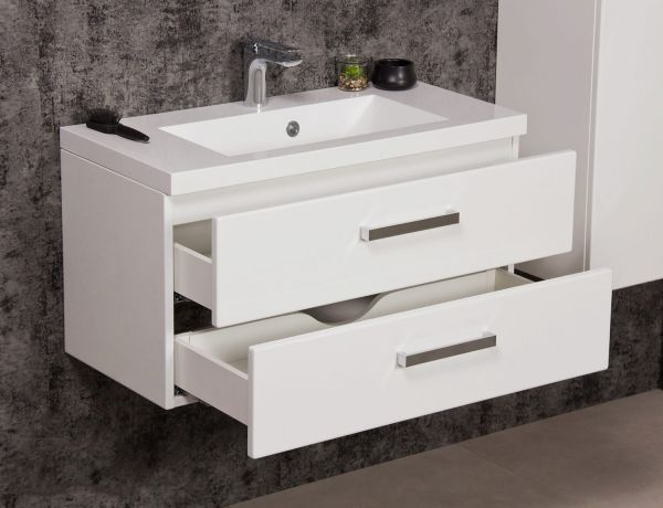 Badmöbelset GENUA 80 cm weiß glänzend, Waschtisch mit Unterschrank montiert