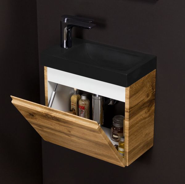 Badmöbel Gäste-WC FAROS 40, Eiche Natur, Waschbecken schwarz matt, Waschbeckenunterschrank montiert