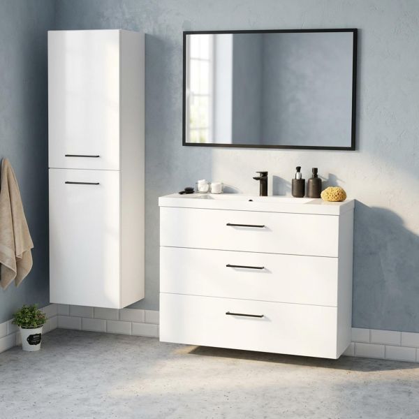 Badmöbel DOMINO SLim-Line 100, Tiefe 35 cm, weiß matt, Waschtisch und Unterschrank (montiert)-Copy