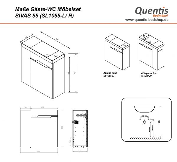 Gäste-WC Möbel Sivas, Breite 55 cm, Ablage rechts