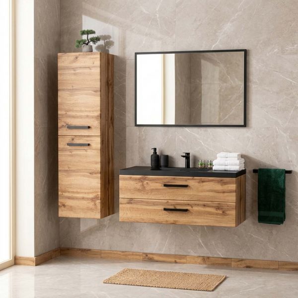 Badmöbel FOKUS LOFT 100, Eiche Natur, Waschtisch schwarz matt, Waschtischunterschrank montiert