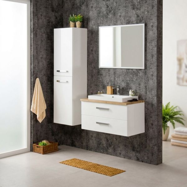 Badmöbel SUSAN 80 cm Weiß Hochglanz / Eiche Natur mit Waschbecken, 2 Schubladen