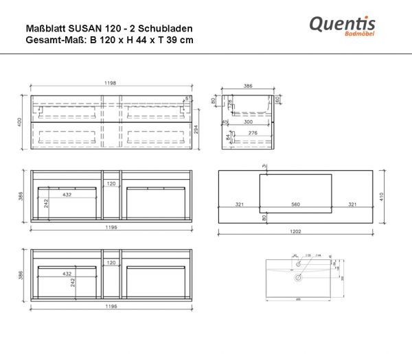 Badmöbel SUSAN Breite 120 cm, 2 Schubladen, weiß/ eiche, Waschtischunterbau montiert