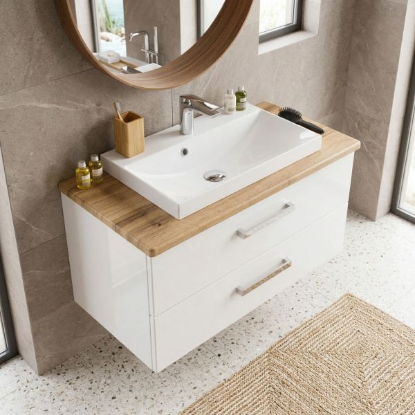 Badmöbel SUSAN 80 cm Weiß Hochglanz / Eiche Natur mit Waschbecken, 2 Schubladen