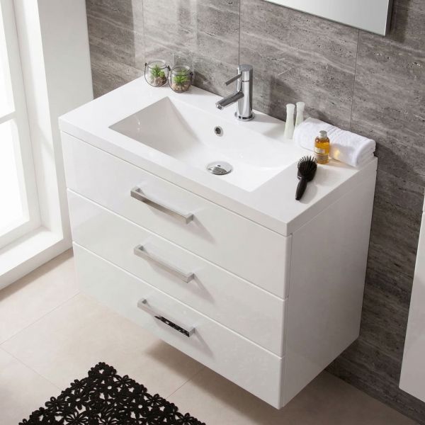 Badmöbel GENUA 80 cm XL Weiß glänzend mit Waschbecken, 3 Softclose-Schubladen, vormontiert
