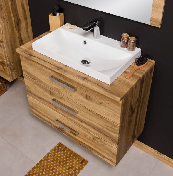 Badmöbel Susan, Breite 80 cm, Eiche, 3Schübe, Waschtischunterbau aufgebaut