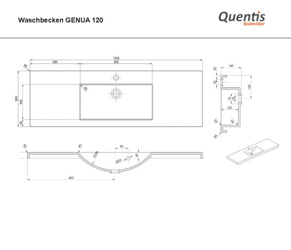 Badmöbel GENUA 120 cm, schwarz glänzend, Waschtischunterschrank montiert