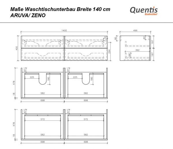 Badmöbel ZENO 140 cm, Nussbaum, Doppelwaschtisch mit Unterschrank, montiert