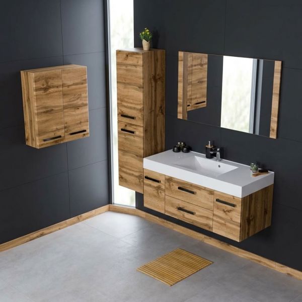 Hochschrank FOKUS-LOFT, Eiche Natur kombiniert mit Hängeschrank 60 und Badmöbelset Breite 120 cm